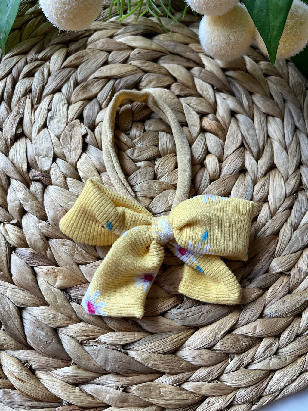 Ribbed Yellow Floral Nylon Bow Headband