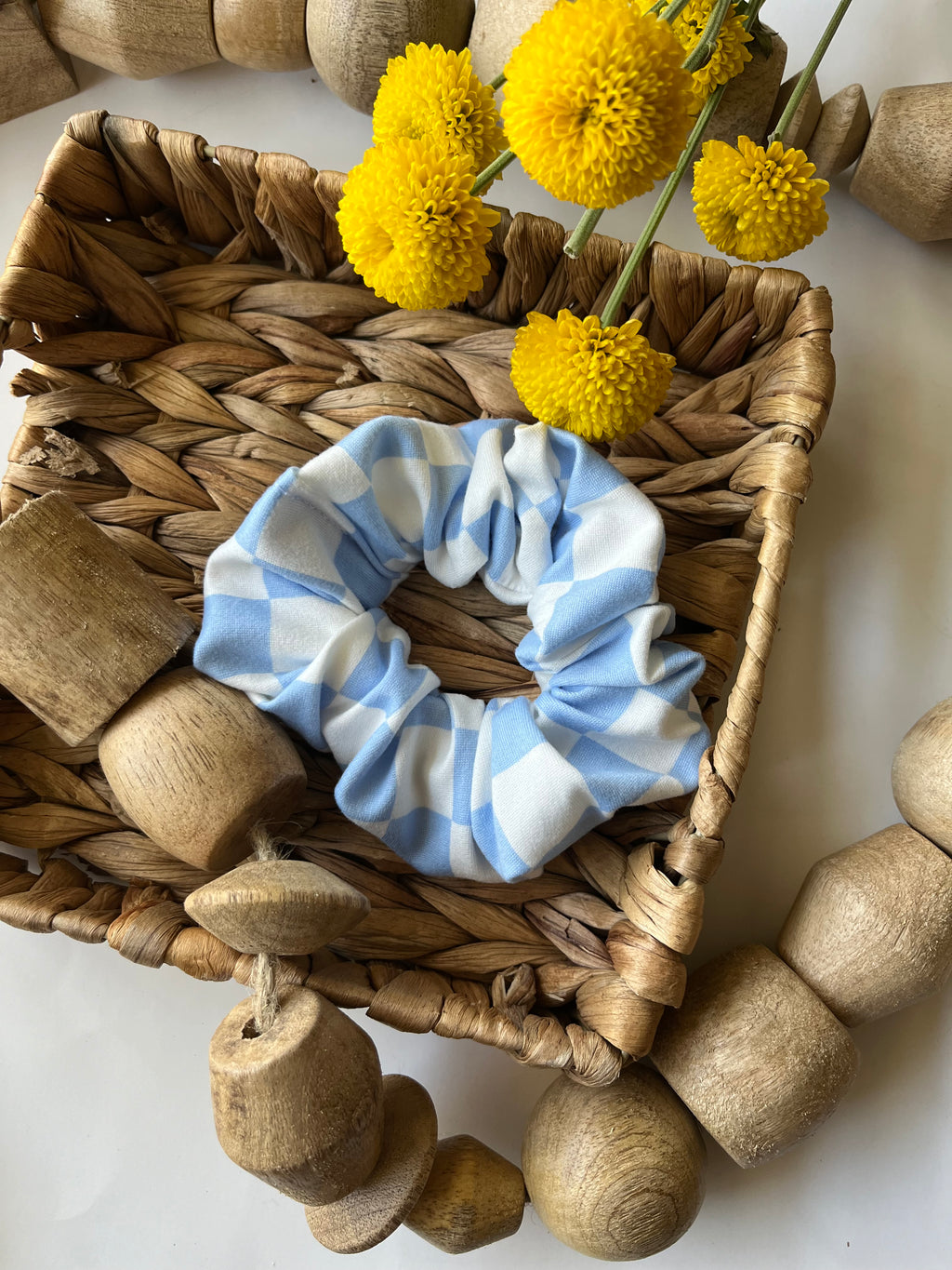 Light Blue Checkered Knit Scrunchie