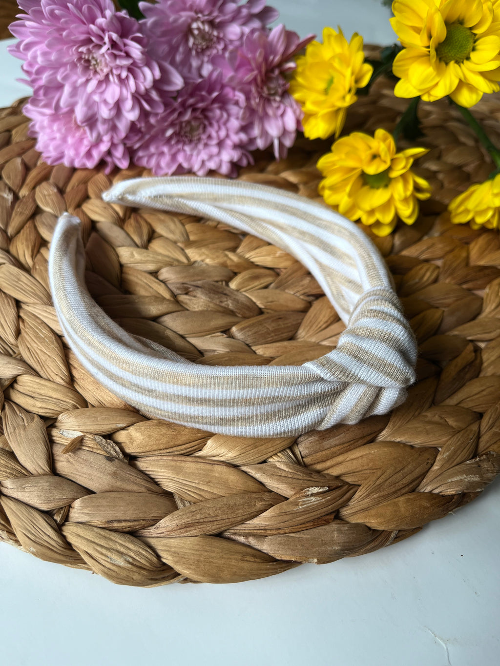 Tan and White Striped Top Knot Hard Headband