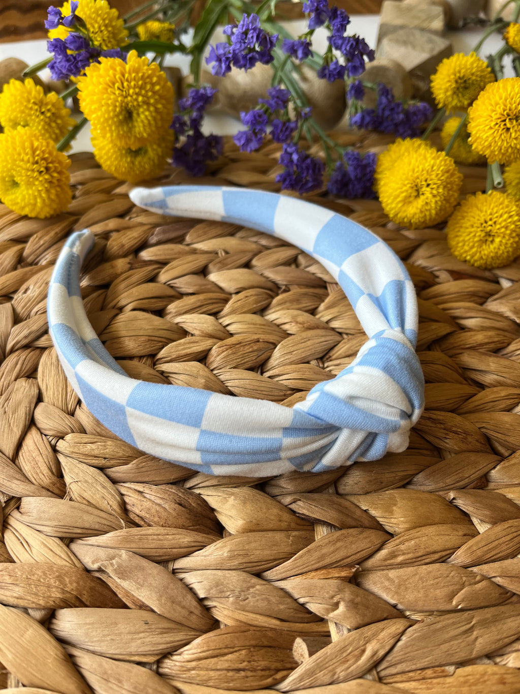 Light Blue Checkered Top Knot Hard Headband