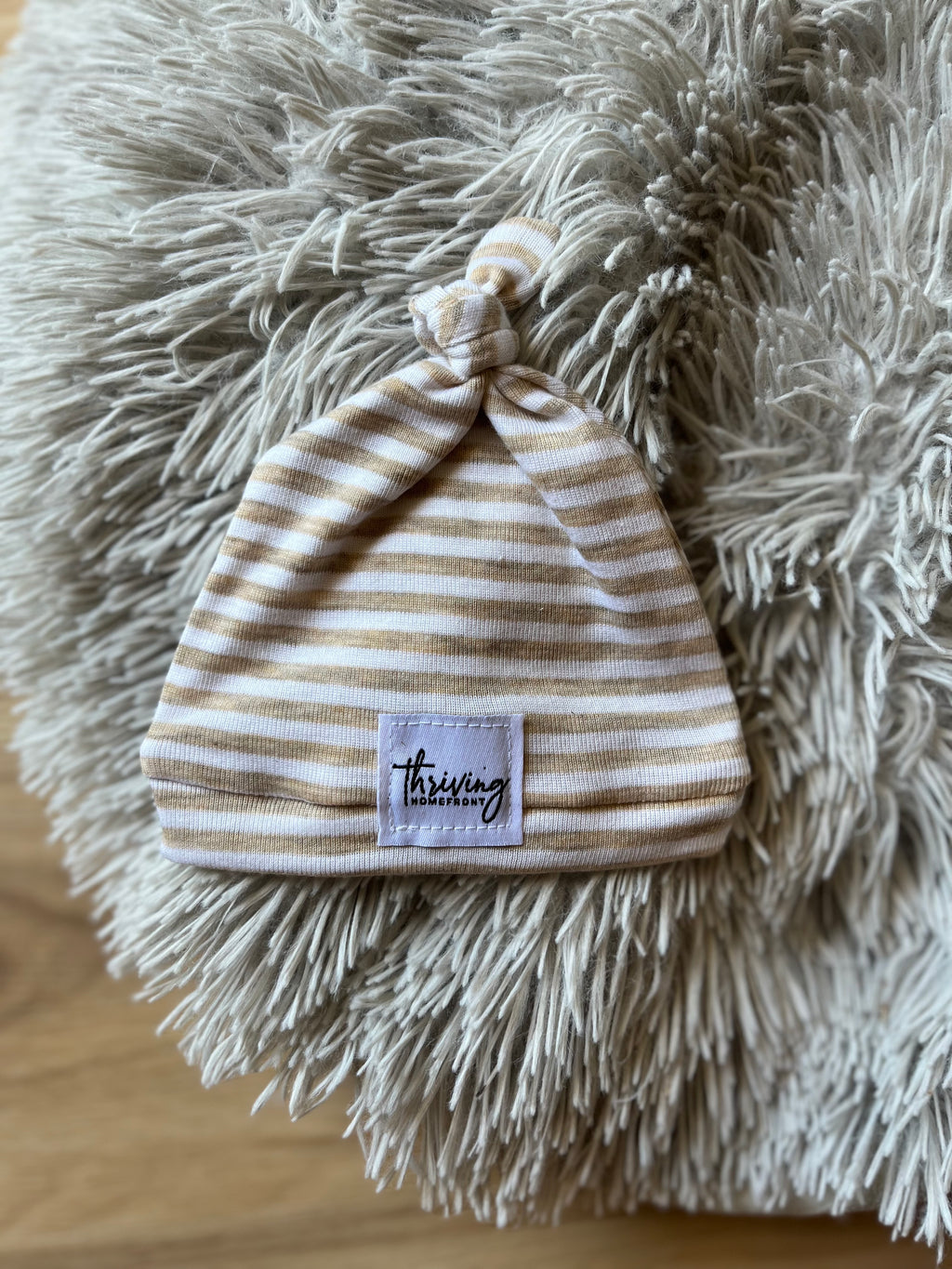 Tan and White Stripe Baby Knot Beanie