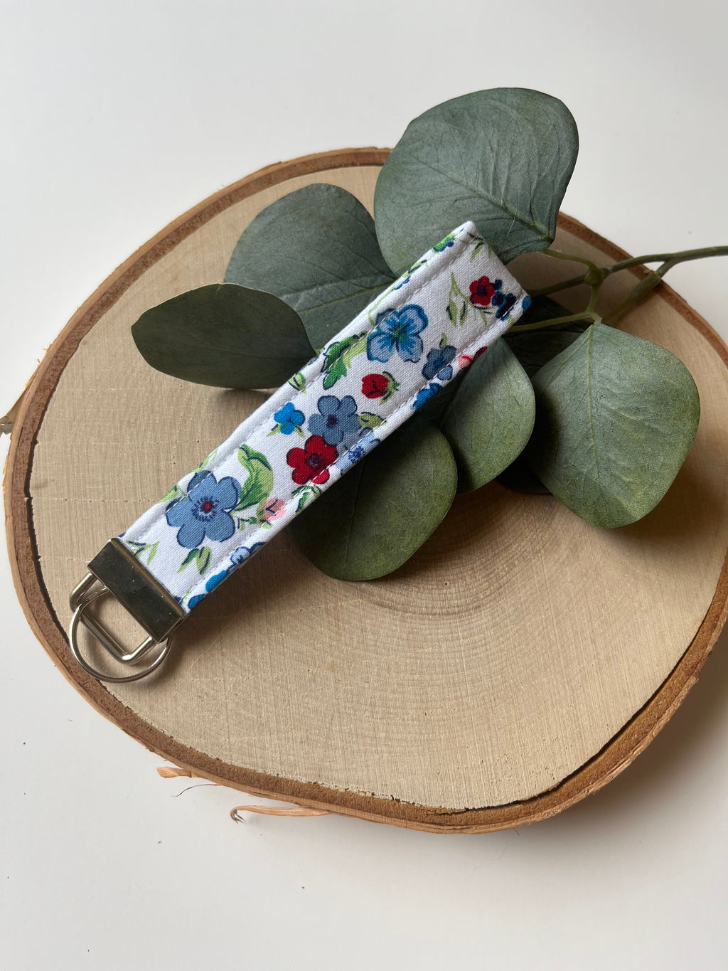 Red, White and Blue Floral Key Fob Wristlet