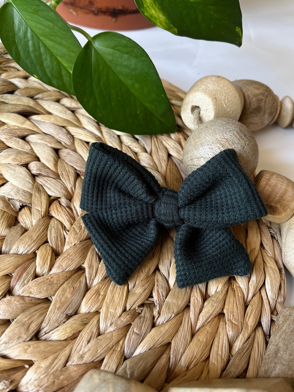 Waffle Knit Forest Green Hair Bow