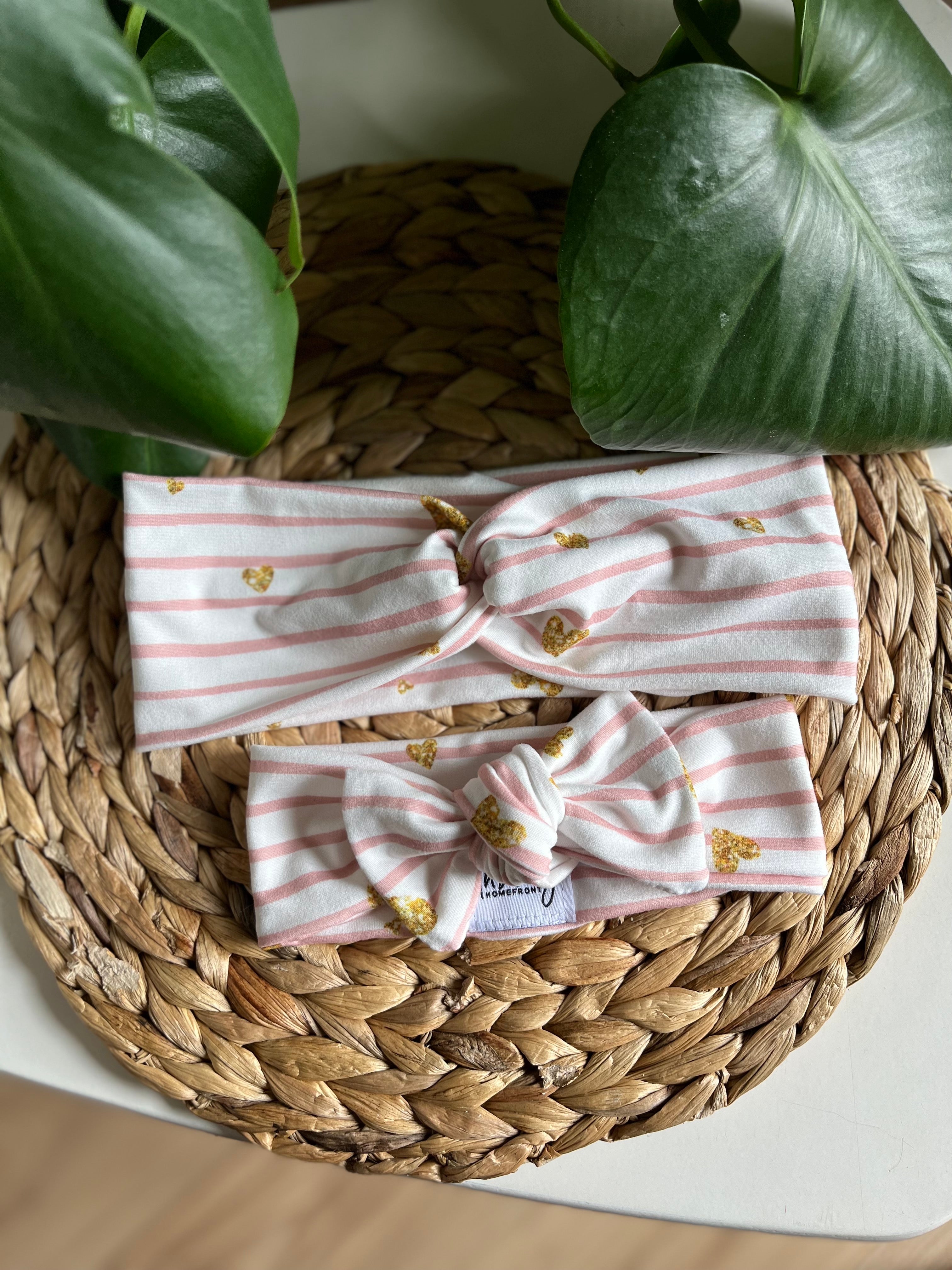 BABY Pink Stripes with Gold Hearts Bow Headband