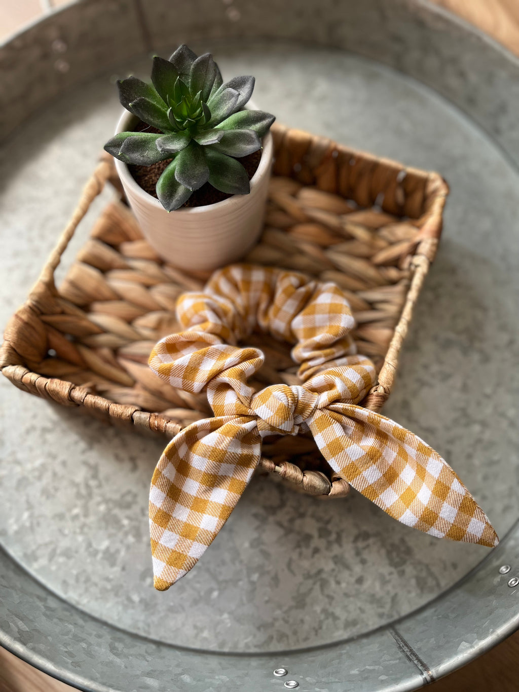 Cognac Gingham Scrunchie with Bow