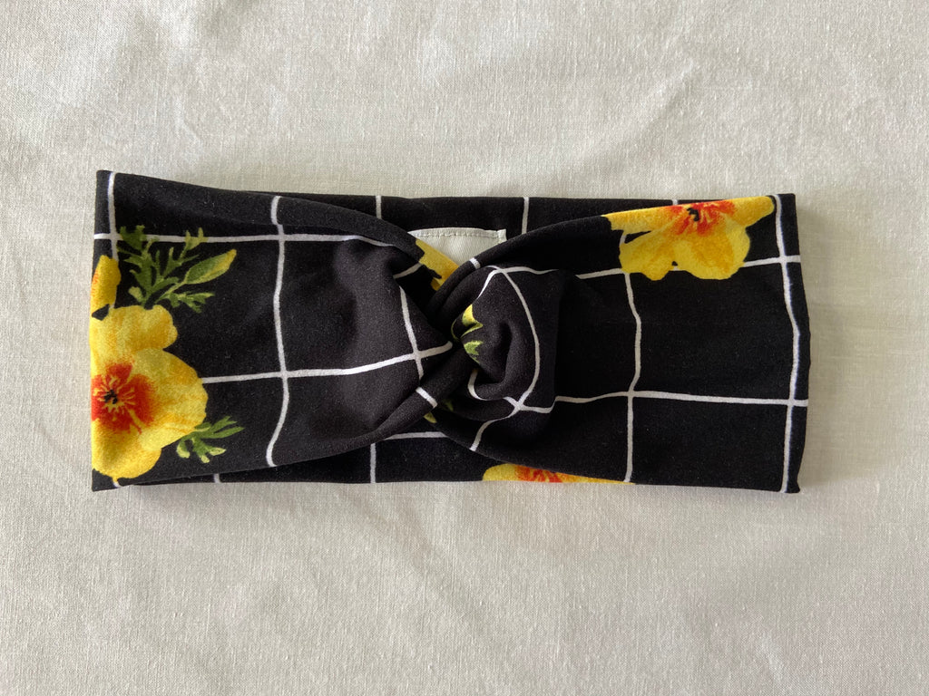 Black with White Grid and Yellow Floral Twist Headband